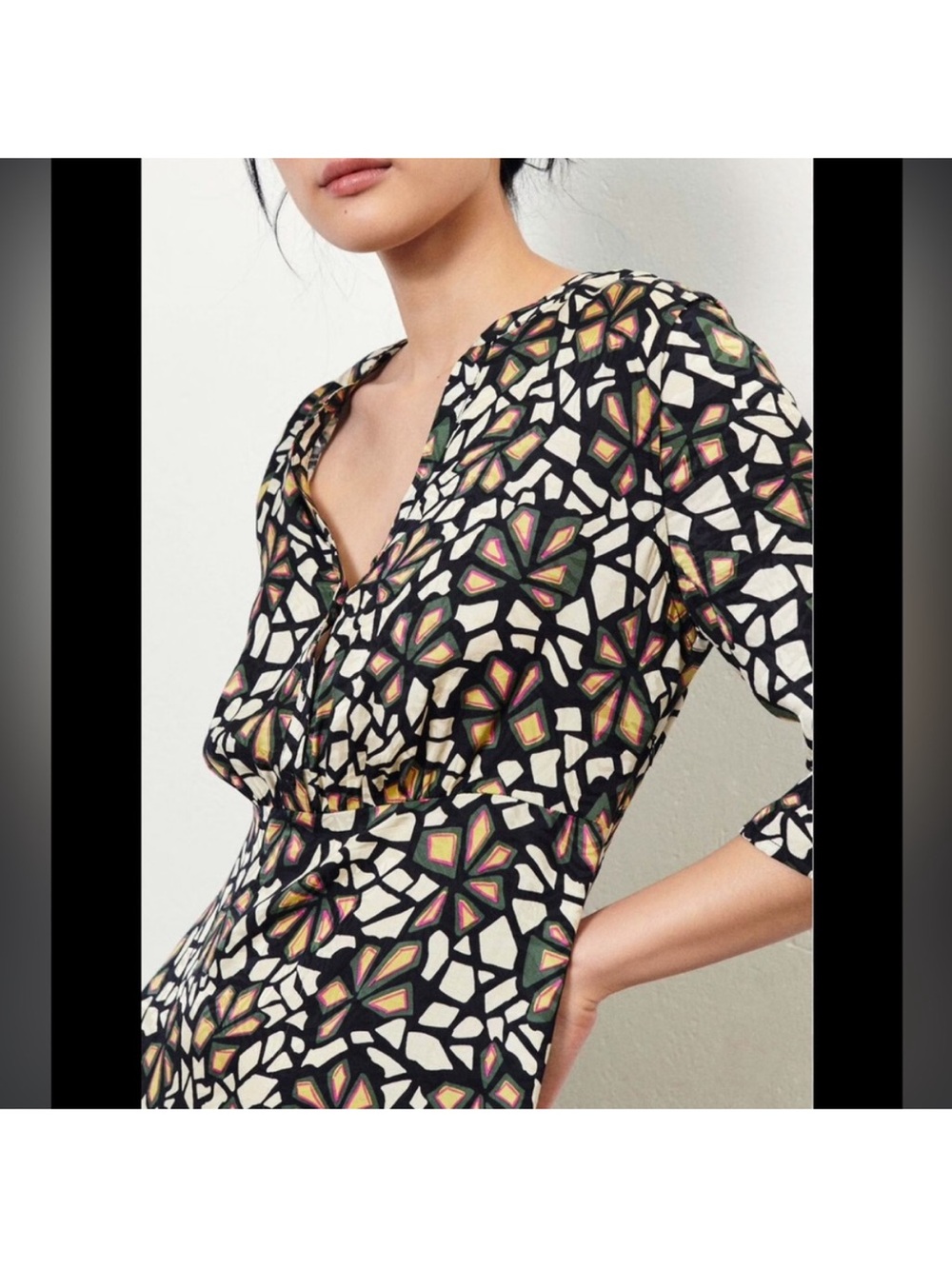 ba&sh Black Mosaic Floral Tiered Mini Dress with Cream Accents
